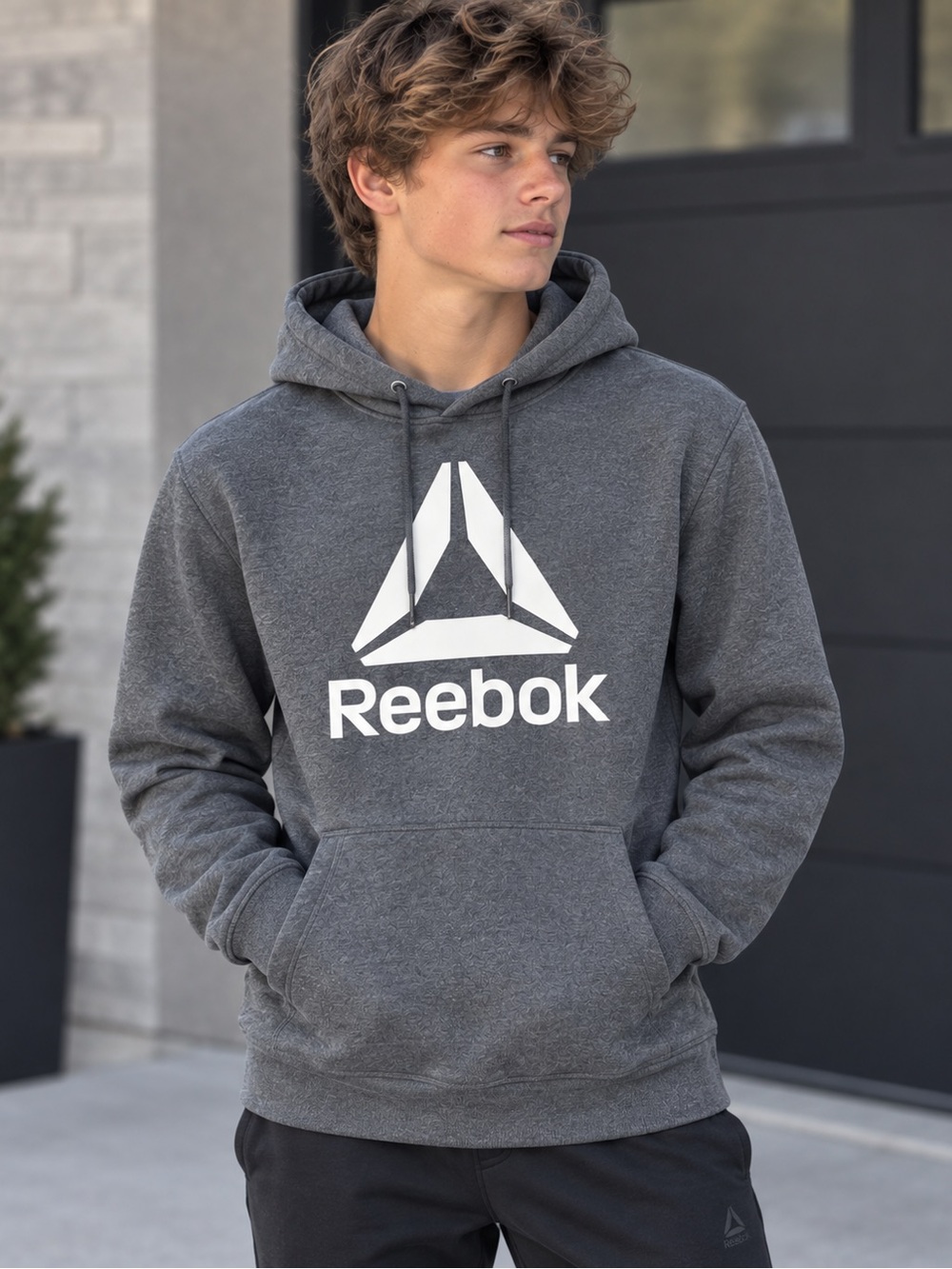 Reebok Men’s Dark Gray Hoodie with White Logo